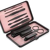 ZIZZON Travel Mini Manicure Set Nail Clipper Set 10 in 1 Stainless Steel Pedicure Care Grooming kit with Case (Black/Pink)