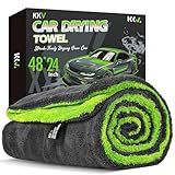 KKV Full-Sized SUV Drying Towel, 48”x24” Dual Sided Microfiber Car Cleaning Towel with Twisting Yarn Technique, 1400GSM Super Absorbent, Scratch-Free, Machine Washable (Darkgray-GreenYellow)