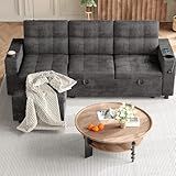 GarveeLife Couches for Living Room, 84'' L-Shaped Sectional Sleeper Sofa with Pull Out Bed, Comfy Sofa Bed with Charging Ports and Storage Armrests, Dark Grey