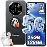 Blackview Shark 6 Unlocked Android Phones 5G (2025), Android 15 Cell Phone Unlocked, 6.88" 120Hz Display, 24GB+128GB/2TB, 16MP+8MP AI Camera, 5000mAh/18W,Fingerprint/Face ID,Dual SIM/GPS/OTG/NFC,Black