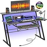 Armocity Music Studio Desk, Music Production Workstation with Power Outlets and RGB LED Lights, Recording Studio Table Desks Music Producer for Home, Grey Oak