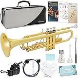 Kmise Bb Standard Trumpet, Premium Brass Trumpets for Student Beginner, Trumpet Instrument Set with Upgraded Case, 7C Mouthpiece, Mute, Beginner's Guide Kit, Cleaning Kit (Gold)