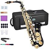 EASTROCK Black/Golden Alto Saxophone E Flat Sax Full Kit for Students Beginner with Carrying Case,Mouthpiece,Mouthpiece Cushion Pads,Cleaning Cloth&Cleaning Rod,White Gloves,Neck Strap