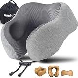 napfun Neck Pillow for Traveling, Upgraded Travel Neck Pillow for Airplane 100% Pure Memory Foam Travel Pillow for Flight Headrest Sleep, Portable Plane Accessories, Light Grey