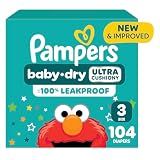 Pampers Baby Dry Ultra Cushiony Diapers, Size 3 (13-26 lbs), 104 Count, Up to 100% Leakproof
