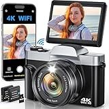 4K Digital Camera for Photography, WiFi 64MP Autofocus Vlogging Camera for YouTube, 3" 180° Flip Screen, 16X Zoom Antishake Compact Point and Shoot Travel Cameras with 32GB SD Card, 2 Batteries, Black