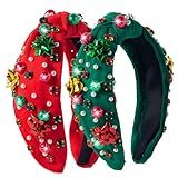 2 Pack Christmas Headband for Women Pearl Rhinestone Crystal Jeweled Xmas Flower Embellished Ladies Wide Top Knot Red Green Makeup Hair Hoop Accessory Holiday Party Costume Decor Prezzie