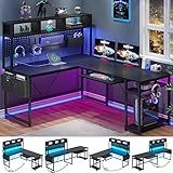 SEDETA L Shaped Gaming Desk, Reversible Computer Desk with Power Outlet and Pegboard, Gaming Desk with Led Lights, Keyboard Tray and Storage Bag for Home Office, Black