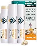 Tallowbourn Moisturizing Tallow Lip Balm – Grass-Fed Beef Tallow with Organic Coconut Oil, Beeswax, and Vitamin E – Unscented Lip Balm Set – Travel Essential - 3-Pack