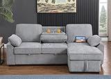 L-Shaped Pull Out Sleep Sofabed,Modern Reversible Sleeper Sectional Sofa Chenille Upholstered Button Tufted Decor with Storage Chaise, Drop-Down Table, Cup Holders and Charging Ports (USB & Type-C)