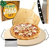 Large Pizza Stone for Oven 16 inch - Round Pizza Stone for Grill with Handles, Wood Pizza Peel and Cutter Set - Baking Stone for Bread - Pizza Making Kit Accessories - Gifts for Food Lovers