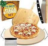 Large Pizza Stone for Oven 16 inch - Round Pizza Stone for Grill with Handles, Wood Pizza Peel and Cutter Set - Baking Stone for Bread - Pizza Making Kit Accessories - Gifts for Food Lovers