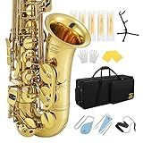 Eastar Professional Alto Saxophone Golden E Flat Eb with Cleaning Kit, Carrying Case, Mouthpiece, Neck Strap, Reeds, Stand, AS-Ⅲ