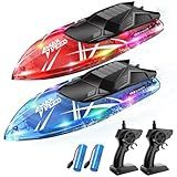 TOLLCY Remote Control Boat for Kids, 2Pack RC Boats with LED Lights for Pools Lakes River & Bathtub, 2.4Ghz Control, Whole Body Waterproof, 2 Rechargeable Batteries Summer Water Toys