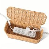 Rattan Cable Management Box, Cord Organizer to Hide Cords & Power Strip