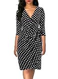 Berydress Women's Classic 3/4 Sleeve V Neck Sheath Casual Party Work Faux Black Wrap Dress (L, 6083-Black Dot)