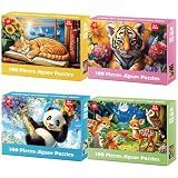 Jeacirio 4-Pack 100 Pieces Puzzles for Kids Ages 4-6 6-8 Panda Tiger Deer Cat Puzzles 100 Pieces Jigsaw Puzzles for Kids 8-10 Year Old, Large Piece Puzzle for Seniors, Puzzle Toys for Boys and Girls