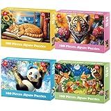 Jeacirio 4-Pack 100 Pieces Puzzles for Kids Ages 4-6 6-8 Panda Tiger Deer Cat Puzzles 100 Pieces Jigsaw Puzzles for Kids 8-10 Year Old, Large Piece Puzzle for Seniors, Puzzle Toys for Boys and Girls