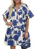 Wenrine Women's Summer Button Down Shirt Dress Floral Puff Short Sleeve Casual Loose Fit Beach Mini Dresses Blue