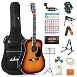 ADM Dreadnought Acoustic Guitar Kit with Free Lesson for Beginner Adult Teen Full Size Acustica Guitarra Starter Bundle Set w/Bag Strap Tuner Capo Pickguard Music Stand Right Hand(Sunburst, 41 Inch)