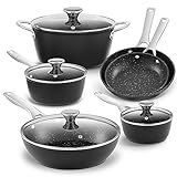 Induction Cookware Nonstick, BEZIA Pots and Pans Set for Induction Cooktop, Compatible with All Stoves, Dishwasher Safe Kitchen Cooking Pan Set with Frying Pans, Saucepans & Stockpot, 10-Piece (Black)