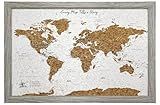 World Map Pin Board Travel Map Gray Frame | Framed Pinboard | Cork Wooden Design | 70 Push Pins Included | 14.2'' x 21.2'' Personalised Home Wanderlust Decor for Travelers