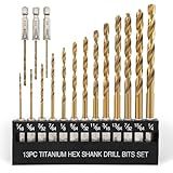 COMOWARE Titanium Twist Drill Bit Set - 16 Pcs Hex Shank High Speed Steel for Wood Plastic Aluminum Alloy, Quick Change, 1/16"-1/4"