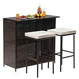 Wicker Patio Furniture 3 Piece Patio Bar Table Set Chairs Wicker Outdoor Rattan Bistro Set Glass Top Table and Two Stools for Yard or Backyard