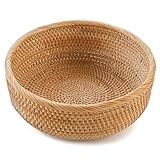 HITOMEN Handmade Rattan Bread Baskets Round Wicker Fruit Serving Storage Bowls, Natural Woven Decorative Kitchen Counter Organizing (Honey Brown) M-9.1"