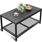 ODK Outdoor Coffee Table with Double-Layer Storage, Rectangle Weather-Resistant Patio Coffee Table for Garden, Balcony, Hot Tub, Poolside, Heavy-Duty Metal Frame, Black