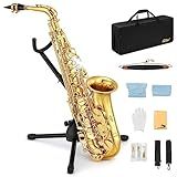 Eastar Student Alto Saxophone E Flat for Beginner Sax Full Kit with Carrying Case, Mouthpiece, Straps, Reeds, Stand, Golden Lacquer, AS-Ⅱ