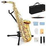 Eastar Student Alto Saxophone E Flat for Beginner Sax Full Kit with Carrying Case, Mouthpiece, Straps, Reeds, Stand, Golden Lacquer, AS-Ⅱ