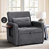 Convertible Sleeper Chair-Fabric Futon Sofa Bed, Single Sleeper Sofa, Small Couch Bed with USB Port, Foldable Table, Pillow, Adjustable Backrest for Dorm/Bedroom/College Darkgrey