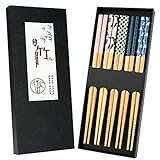5 Pairs Japanese Natural Bamboo Chopsticks with Unique Pattern Dishwasher Safe, Reusable Non-Slip Chopstick Gift Set for Asian Dishes Sushi Rice Noodles, Nicely Boxed Chinese Chop Sticks Functional