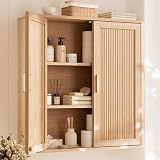 INNOD Bathroom Storage Wall Cabinet, Over the Toilet Storage Cabinet Above Toilet Storage, Medicine Cabinet with Adjustable Wood Shelf & Doors for Laundry Room & Kitchen & Living Room (Natural Oak)