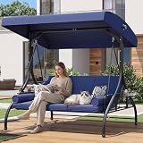 Aoxun Outdoor Porch Swing with Stand and Canopy, 3 Seats Outdoor Swings for Adults, Convertible 2 in 1 Swing Bed with Cup Holder, Patio Swings with Thicken Cushions for Garden, Yard & Balcony, Blue