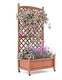 29.5 in x 13 in x 61.5 in Wood Planter Box With Trellis For Plant & Flower, Raised Garden Bed With Wheels, Standing Vertical Horticulture Trellis Planter With Drainage Holes for Patio Garden, 1PC