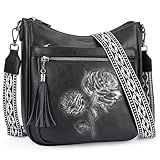 VIMUTI Crossbody Bags for Women Trendy Vegan Leather Hobo Purses for Women Embossed Flower Shoulder Handbags Bucket Bag (04-Black)