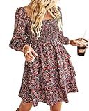 BTFBM Womens Long Sleeve Dress Vacation Square Neck Smocked Floral Swiss Dot Mini Boho Fall Wedding Guest Dresses 2025(Floral Red Pink, Medium)