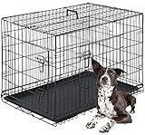 FDW Dog Crate for Large Dogs 42 Inch Folding Metal WirePet Cage Double Door W/Divider Panel Indoor Outdoor Kennel Leak-Proof Plastic Tray,Black