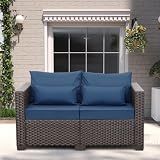 Rattaner Outdoor Furniture Loveseat Sofa Patio Furniture Small Sofa 2 Seater Couch with Anti-Slip Cushions Lumbar Pillow and Waterproof Cover, Navy Blue