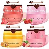LZXLUKGIR 4PCS Lip Scrub and Mask Set,Strawberry and Honey Pot Lip Balm,Reduces Lip Lines Lip Exfoliator Scrub and Moisturizer,Repair Bee Lip Balm and Lip Scrub Set,Lip Mask Overnight