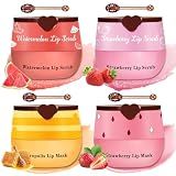 LZXLUKGIR 4PCS Lip Scrub and Mask Set,Strawberry and Honey Pot Lip Balm,Reduces Lip Lines Lip Exfoliator Scrub and Moisturizer,Repair Bee Lip Balm and Lip Scrub Set,Lip Mask Overnight