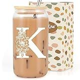 Coolife Initial Glass Cup, Monogrammed Gifts for Women, 16 oz Glass Cups w/Lids Straws, Iced Coffee Smoothie Beer Tumbler w/Straw Lid, Personalized Valentines, Birthday Gifts for Her Mom Friend Woman