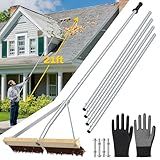 Hermsche Leaf Roof Brush with Gloves, 5-21ft Adjustable Roof Rake for Leaves Removal, Lightweight Roof Cleaning Brush with Extension Aluminum Poles for Shingles, Corrugated Roof, Solar Panels