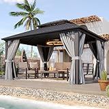 Aoxun Hardtop Gazebo 10x12, Aluminum Frame Canopy with Double Galvanized Steel Roof, Outdoor Gazebo with Breathable Netting and Privacy Curtain for Backyard