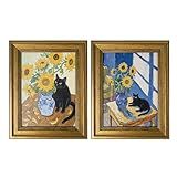 AELS Gold Framed Vintage Wall Art for Living Room, Black Cat with Sunflowers Canvas Painting Prints, Van Gogh Inspired Home Decor, Aesthetic Bedroom & Bathroom Wall Art, Gift Idea (8"x10"), Set of 2