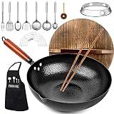 kaqinu 14 Piece Carbon Steel Wok Pan, Woks & Stir-Fry Pans Set with Wooden Lid Cookwares, No Chemical Coated Flat Bottom Chinese Pan for Induction, Electric, Gas, Halogen All Stoves - 12.6''