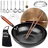 kaqinu 14 Piece Carbon Steel Wok Pan, Woks & Stir-Fry Pans Set with Wooden Lid Cookwares, No Chemical Coated Flat Bottom Chinese Pan for Induction, Electric, Gas, Halogen All Stoves - 12.6''