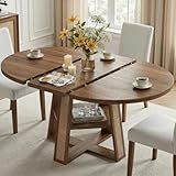 LIKIMIO 43"-59" Extendable Round Dining Table for 4-8, Transformer Oval Dining Room Table with Removable Leaves Space Saving, Wood Base Kitchen Table with Storage Shelf for Living Room, Walnut